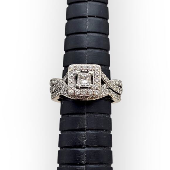 14k White Gold Diamond Bridal Set Princess Halo Engagement Ring & Twisted Band - Picture 7 of 12